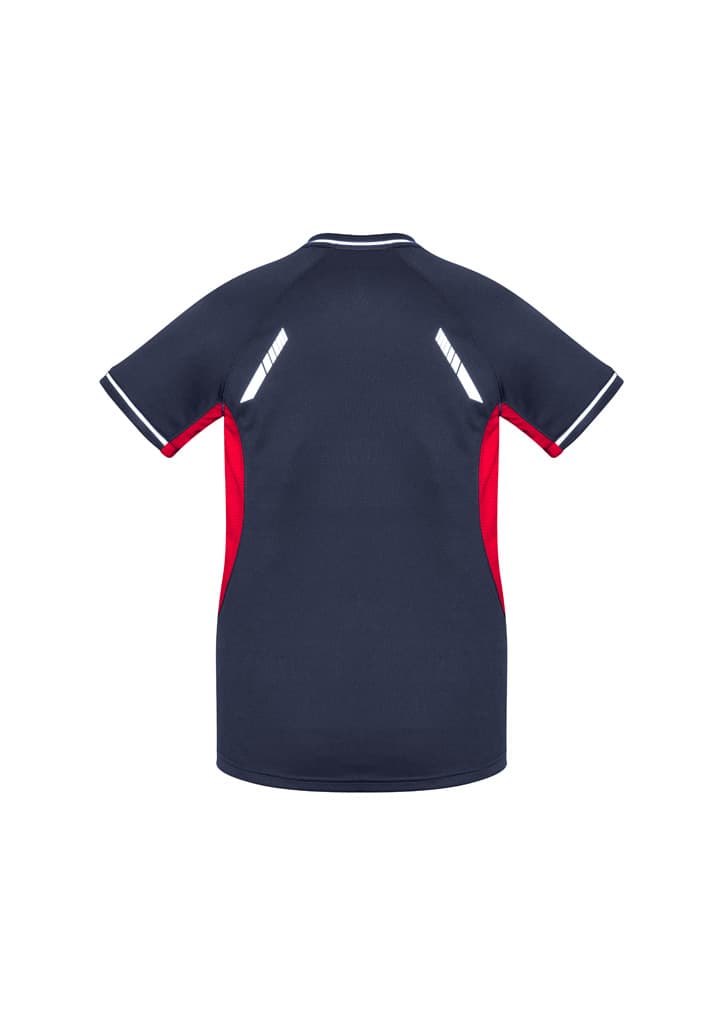 A short sleeve tee in navy with red accents and a branding logo on the back.
