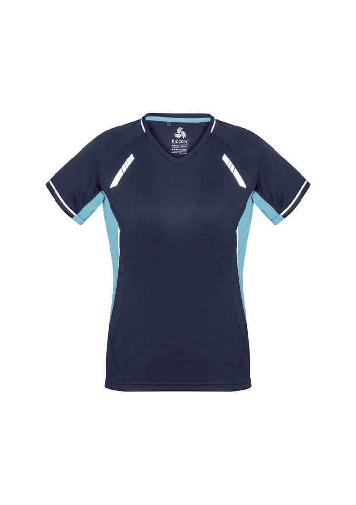 A women's short sleeve tee in navy blue with light blue accents and a logo.