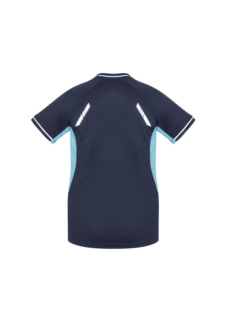 A navy blue women's short sleeve tee with light blue accents and a logo. Features sporty design details on the back.