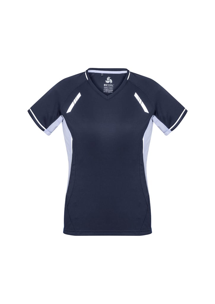 A navy blue women's short sleeve tee with white accents and a logo. Designed for comfort and style.