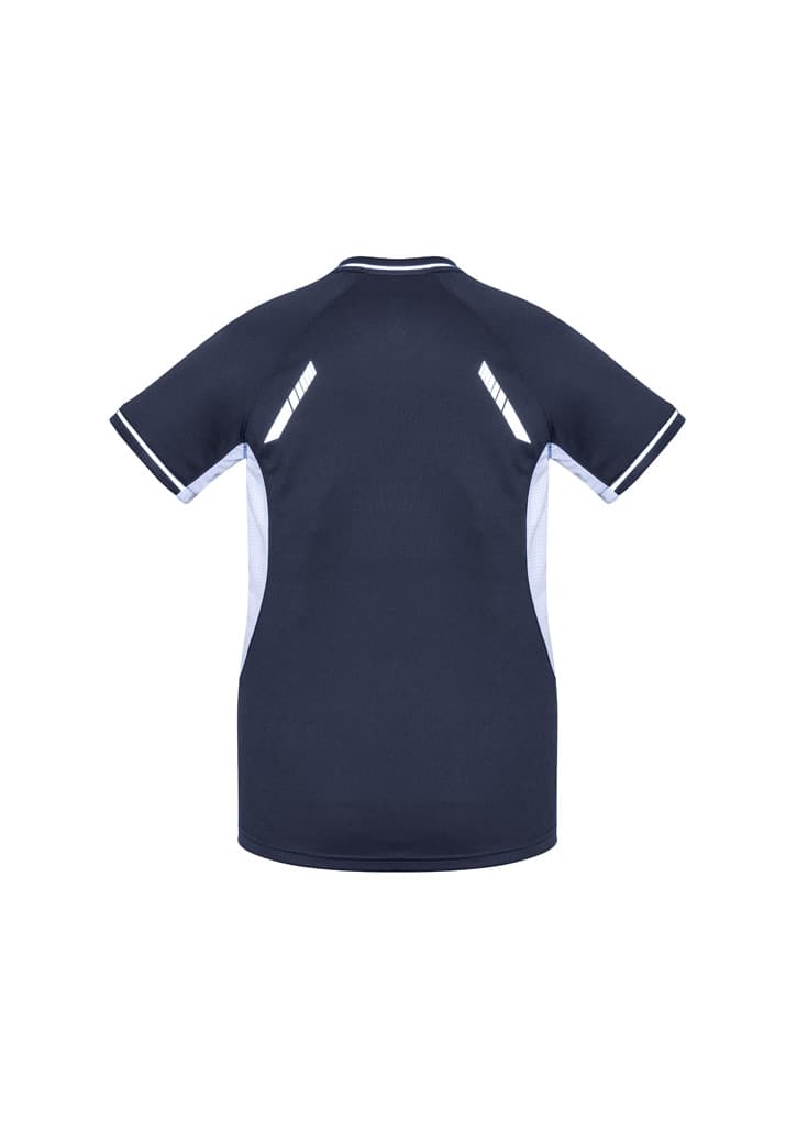 A navy women's short sleeve tee with contrasting white accents and a logo on the back.