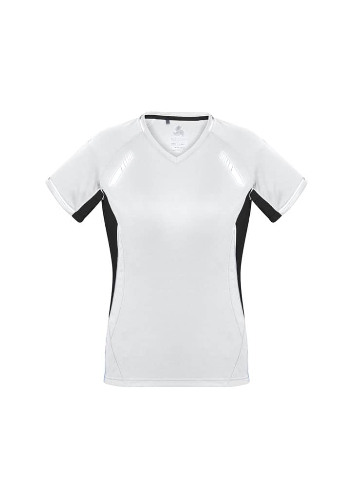 A short sleeve women's tee in white with black sides, featuring a logo on the chest.