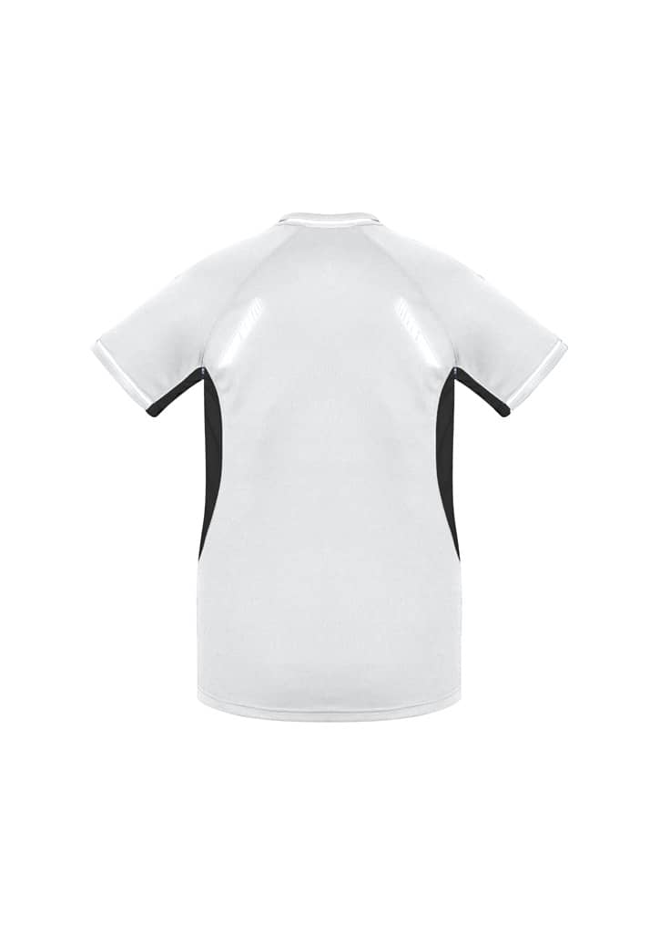 A grey women's short sleeve tee with black side panels and a logo.