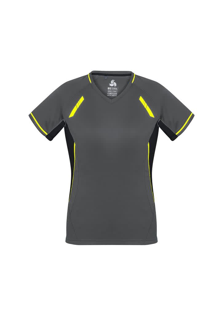 A grey women's short sleeve tee with yellow accents and a black side panel, featuring a logo.