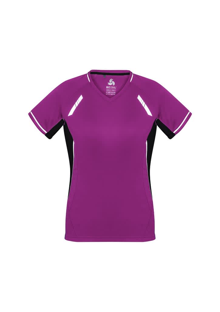 A purple short sleeve women's tee with black side panels and reflective accents. It features a logo on the front.
