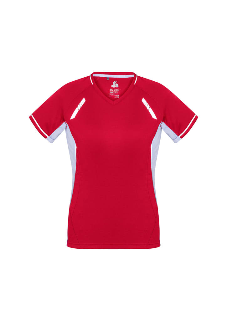 A red and white women's short sleeve tee featuring a v-neck design and contrasting side panels.
