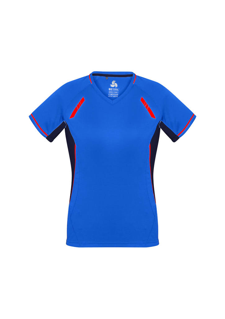 A blue short sleeve tee with red accents and a logo, featuring a v-neck design and sporty styling.
