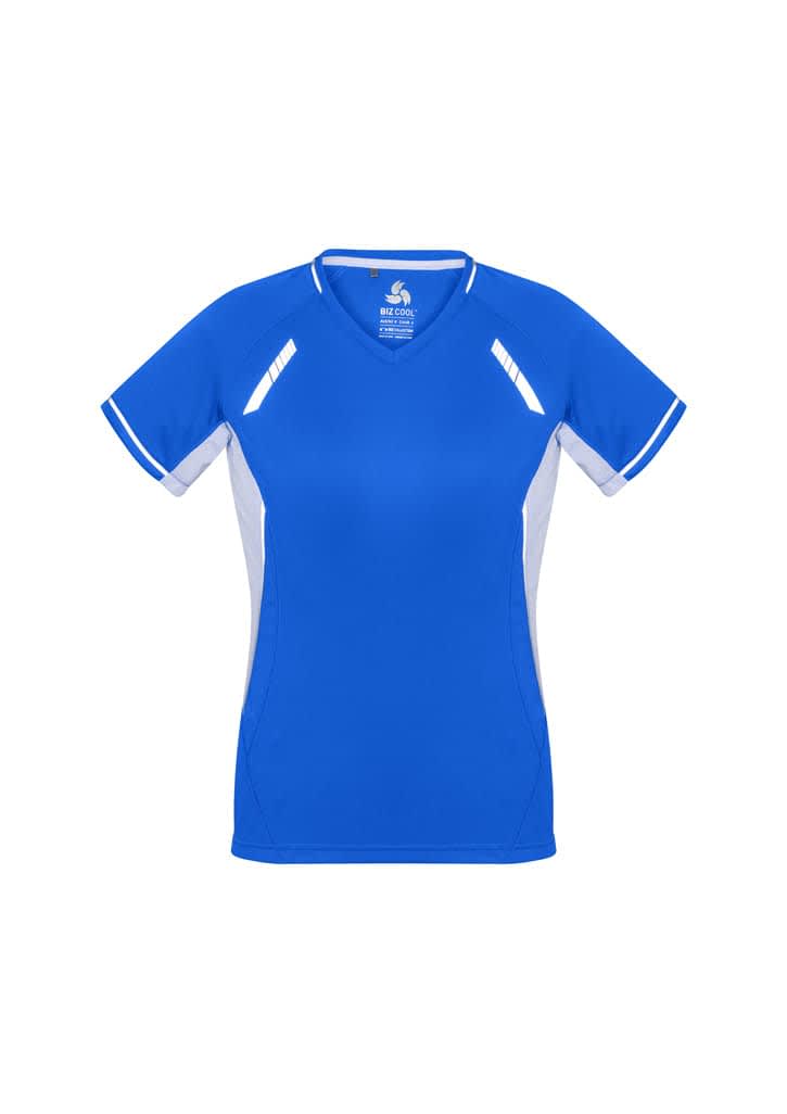 A short sleeve women's tee in bright blue with white accents and a logo on the front.