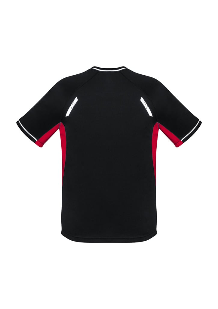 A black and red short sleeve tee featuring reflective accents and a logo on the back.