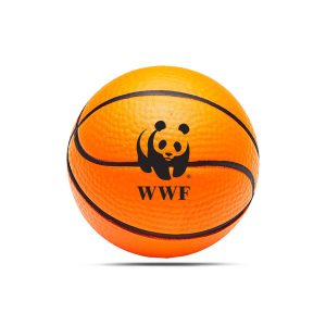 An orange stress ball shaped like a basketball, featuring a black logo on one side.