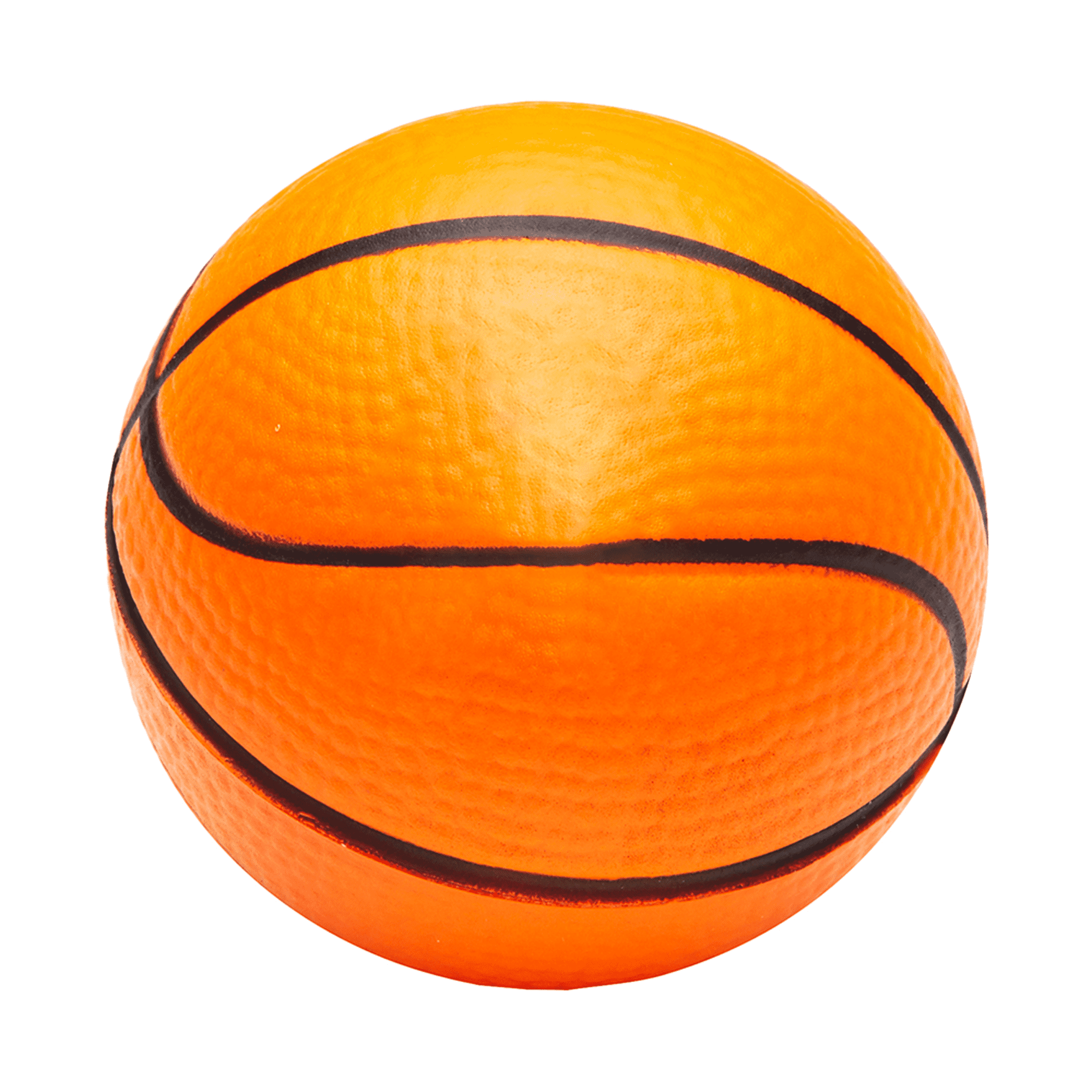 An orange squeeze basketball with black lines, designed as a stress ball. It has a textured surface.
