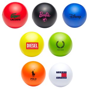 A collection of stress balls in various colours: red, black, blue, yellow, green, orange, and white, with logos.