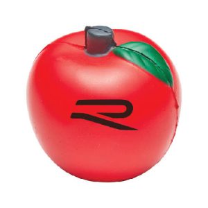 A red stress apple shaped squishy toy with a green leaf and a logo on it.