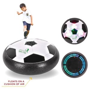 A hover soccer ball with a black and white design, featuring coloured LED lights and a logo.