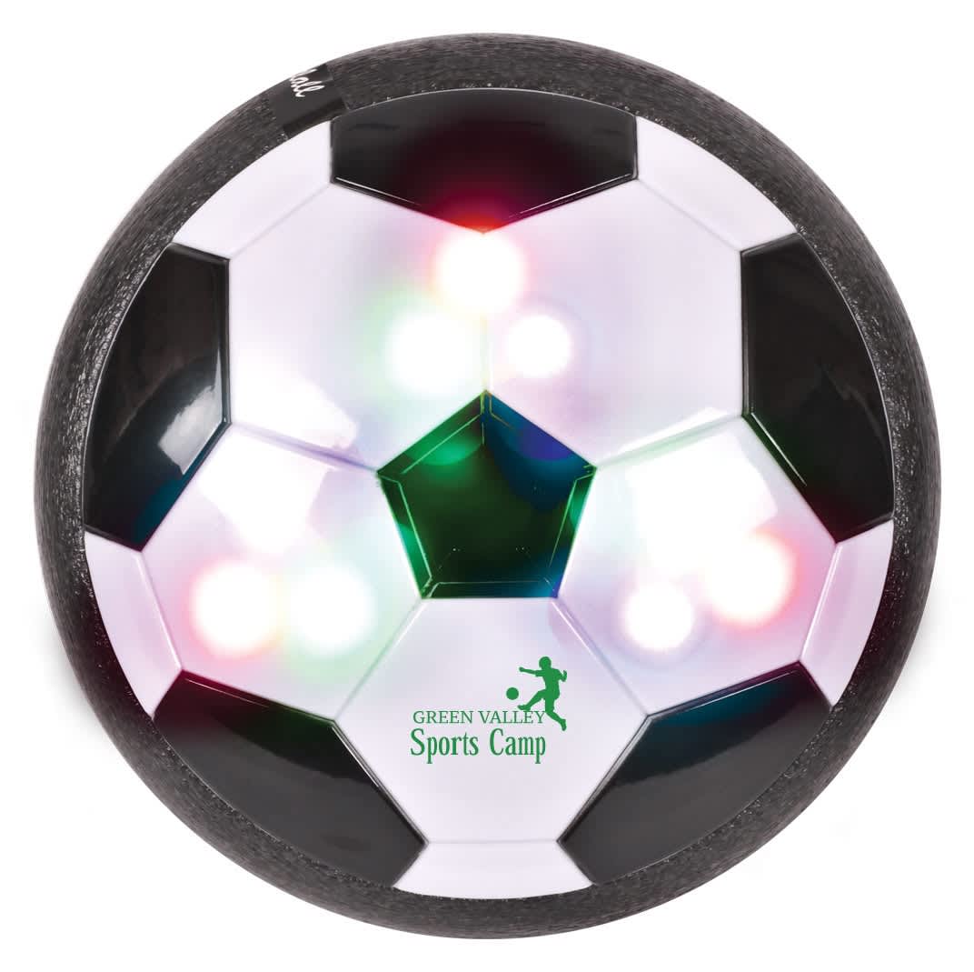 A hover soccer ball with black and white panels, featuring colourful LED lights and a logo.