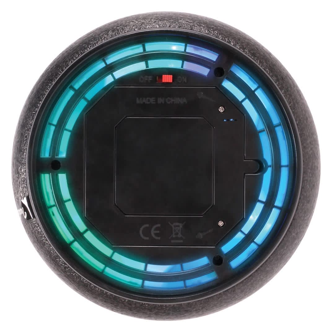 A hover soccer ball featuring vibrant blue and green LED lights, with a textured black surface and a logo.