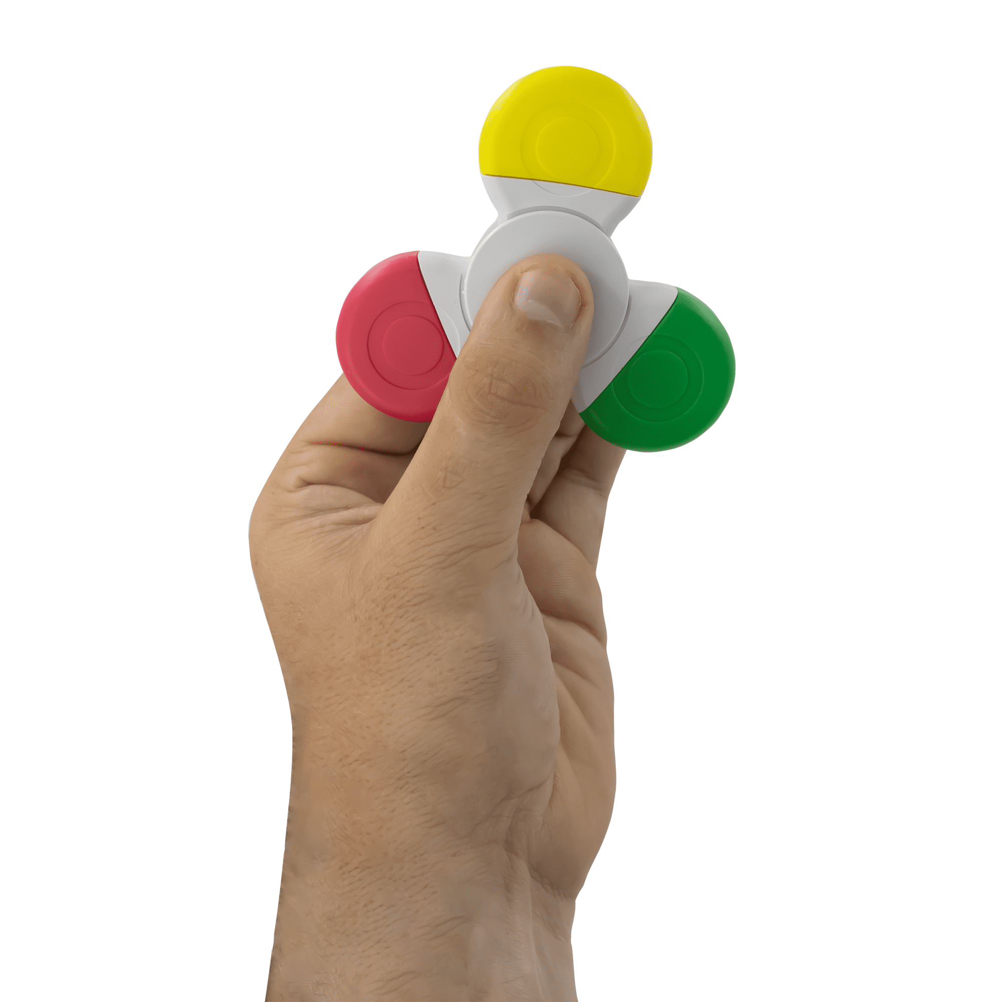 A hand holds a Fiddle Spinner Highlighter featuring yellow, red, and green tips with a white base. It has a small logo.