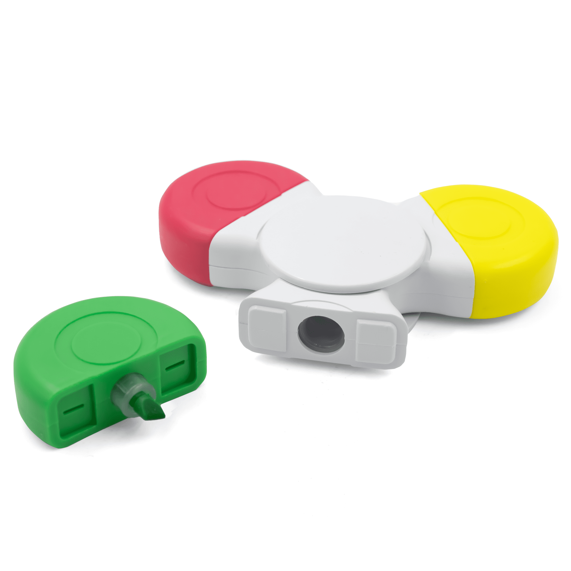 A Fiddle Spinner Highlighter featuring red, yellow, and green ends with a white body and a removable green cap.