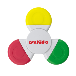 A highlighter in red, yellow, green, and white, featuring a branded logo.