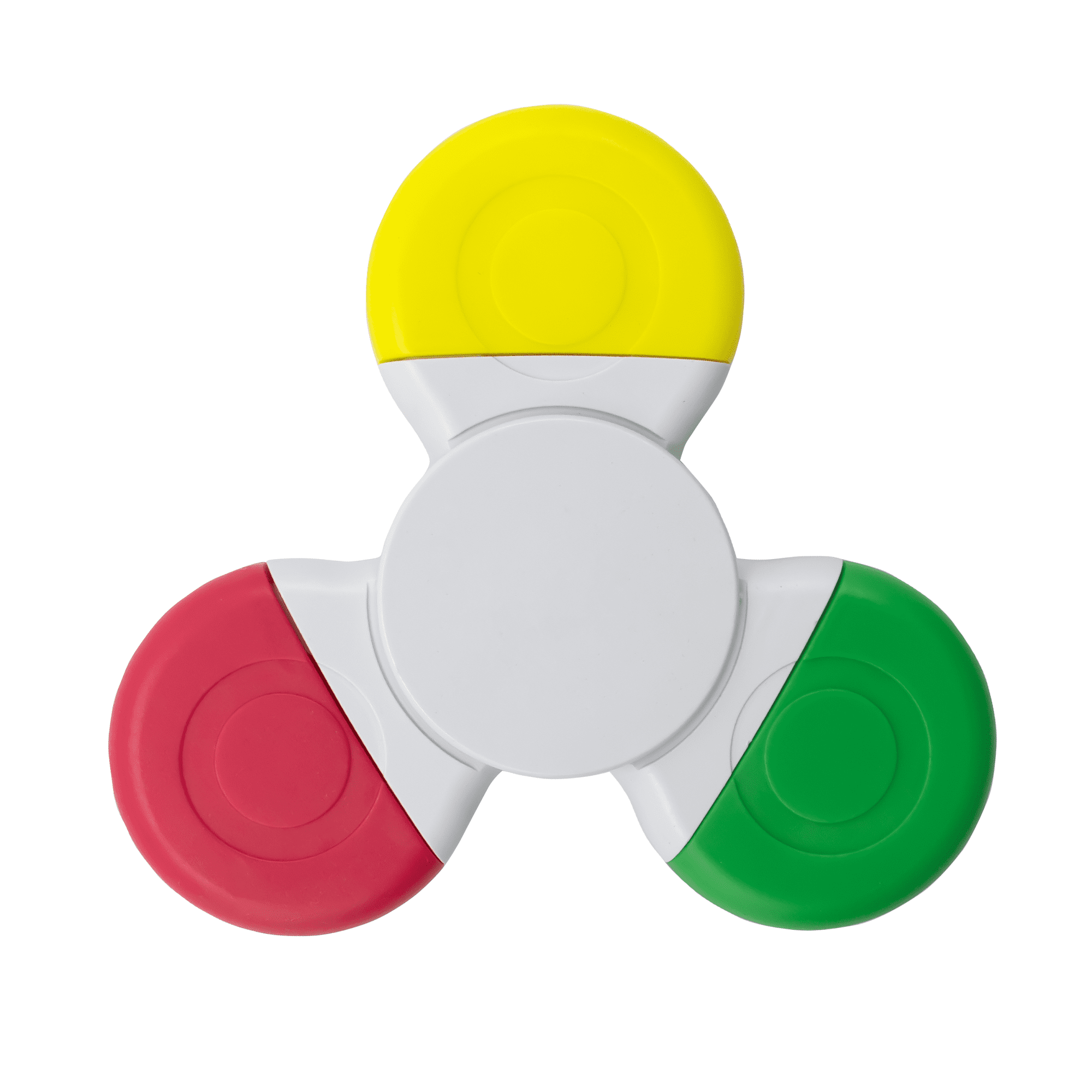A Fiddle Spinner Highlighter with yellow, red, green, and white sections, featuring a logo on the design.