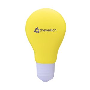 A yellow stress toy shaped like a light bulb, featuring a logo on its surface.
