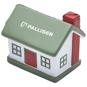 A stress toy shaped like a house, featuring a green roof, red door, and a logo on the front.