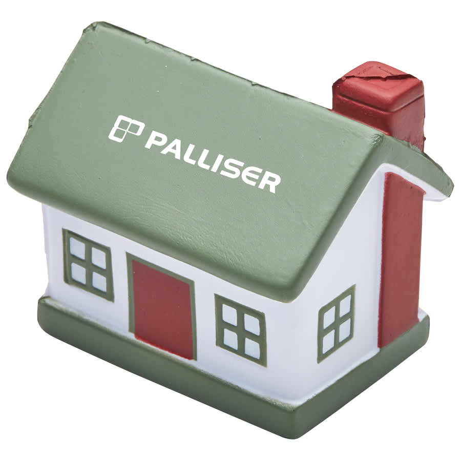 A stress toy shaped like a house, featuring a green roof, red door, and a logo on the front.