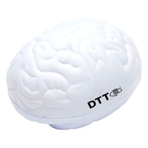 A white, stress-relief toy shaped like a brain, with a small logo on one side.