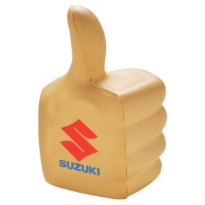 A golden thumbs-up novelty item with a logo on it, designed for fun and games.