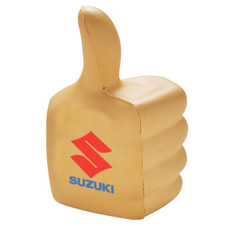 A golden thumbs-up novelty item with a logo on it, designed for fun and games.