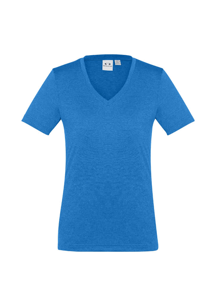 A blue short sleeve women's tee with a V-neck design and a logo on the label.