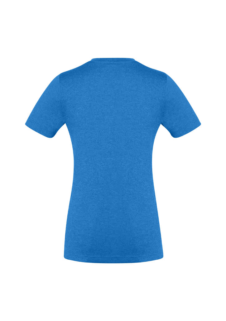 A blue women's short sleeve tee with a fitted design and no visible branding on the back.