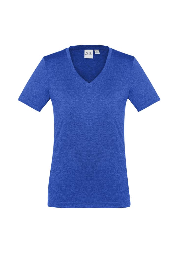 A blue women's short sleeve tee with a V-neck design and a logo on the collar.