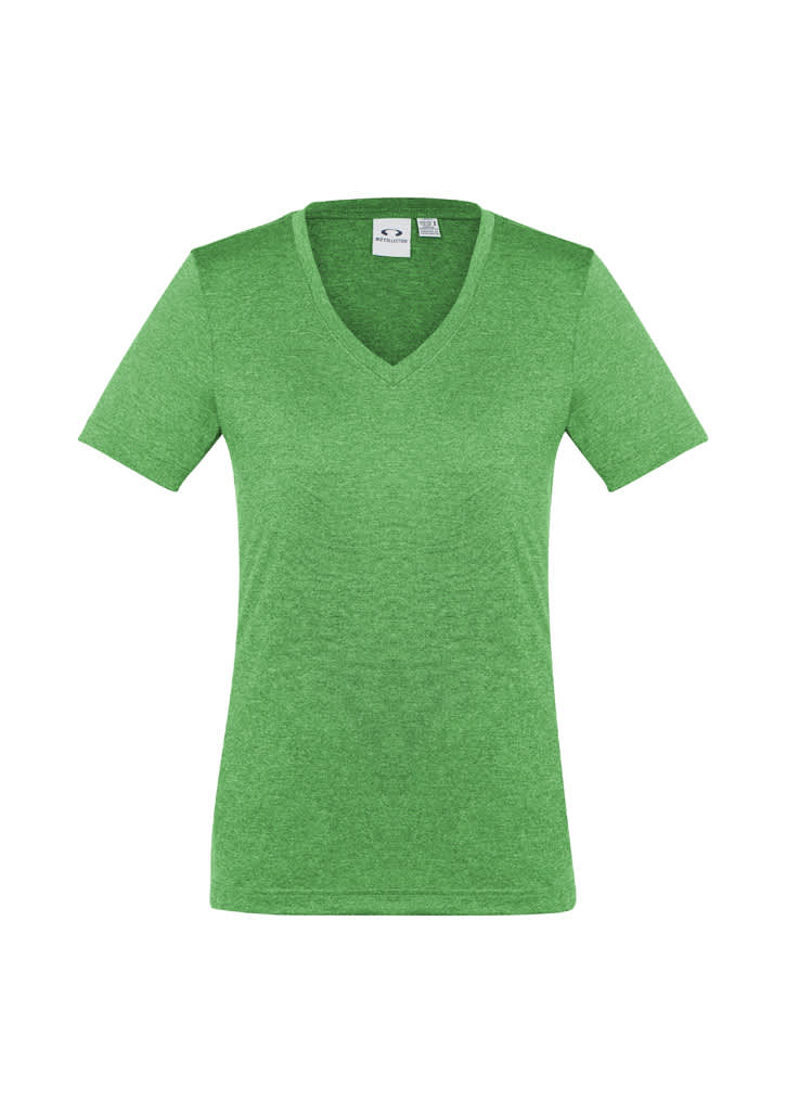 A green women's short sleeve t-shirt with a v-neck and a brand logo on the label.