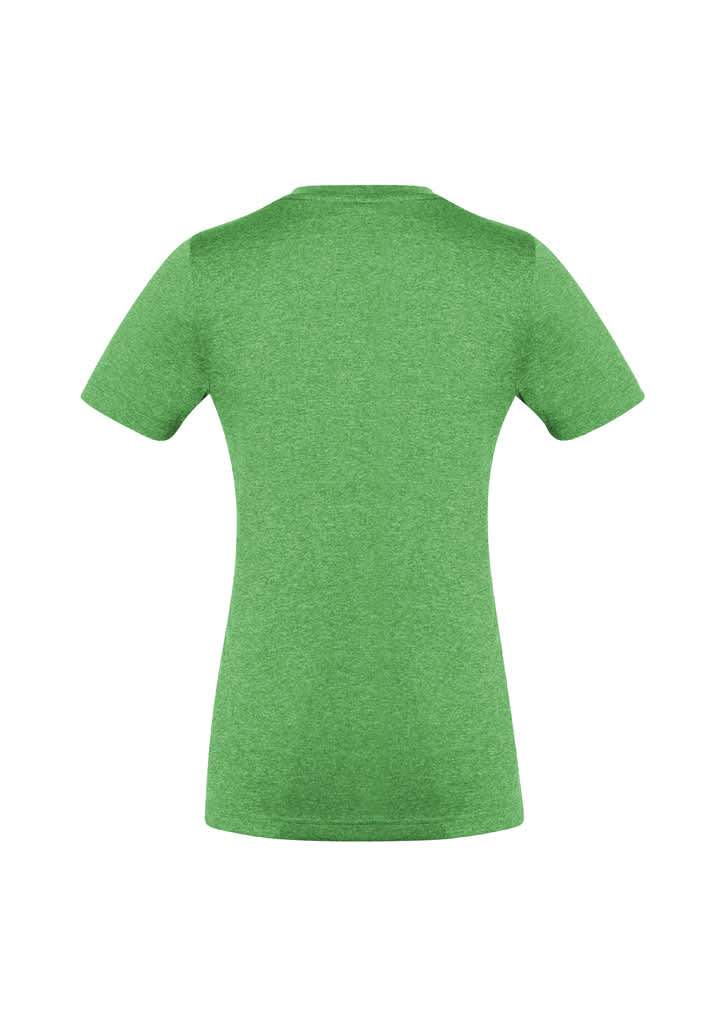 A green women's short sleeve tee with a fitted design and a logo at the back.
