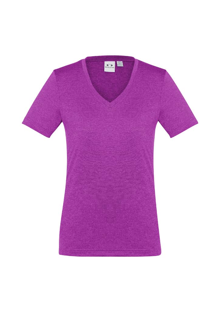 A purple short sleeve women's tee with a V-neck design and a logo on the label.