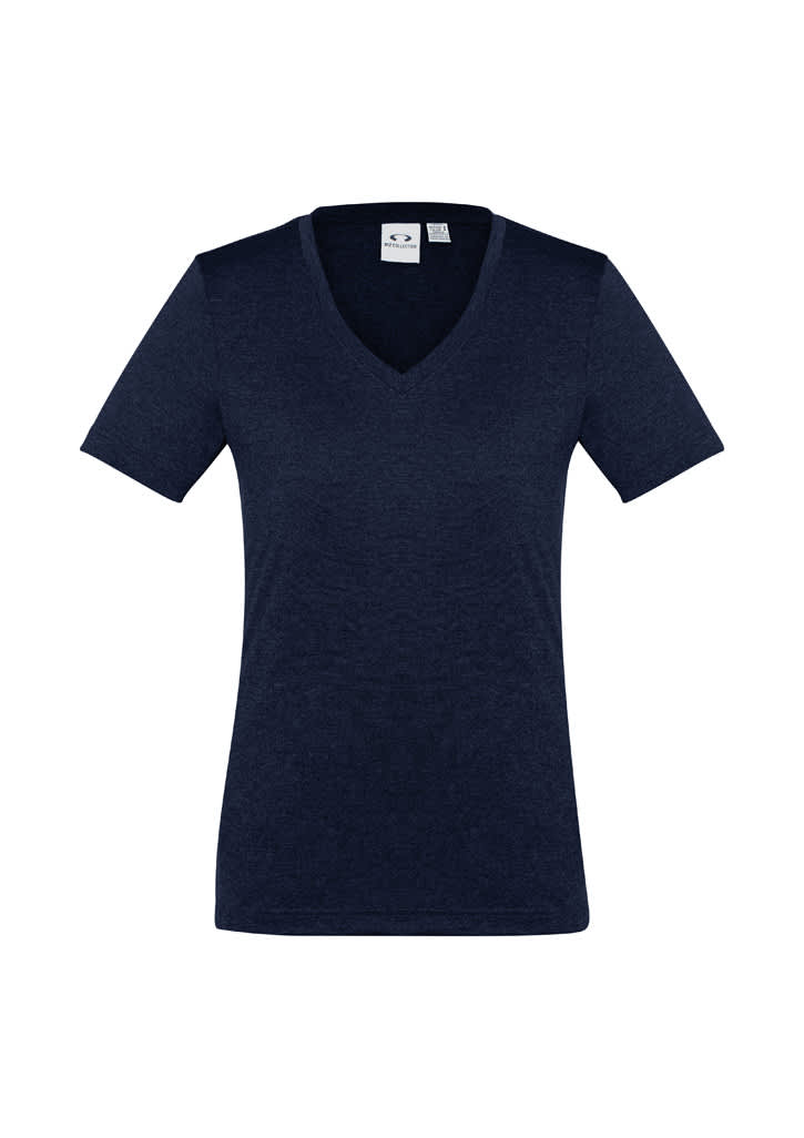 A navy blue women's short sleeve tee with a V-neckline and a logo on the label.