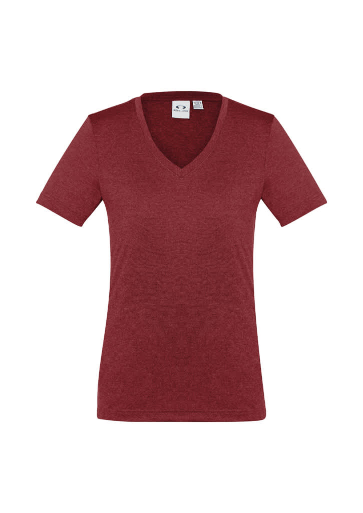 A women's short sleeve tee in a deep burgundy colour with a V-neckline and a branded label.