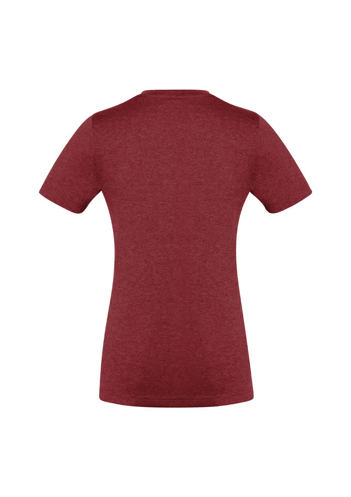 A women's short sleeve tee in a rich maroon colour, featuring a fitted design and a smooth fabric texture.
