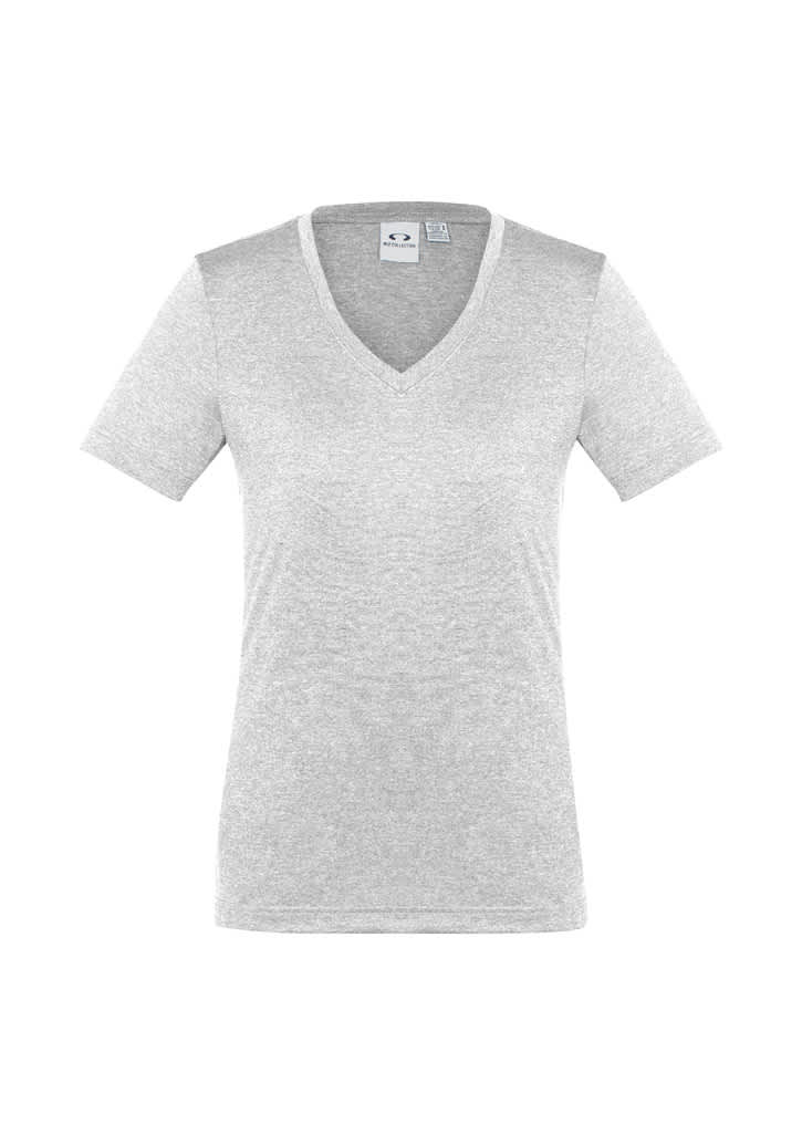 A women's short sleeve tee in light grey with a V-neck design and a logo.