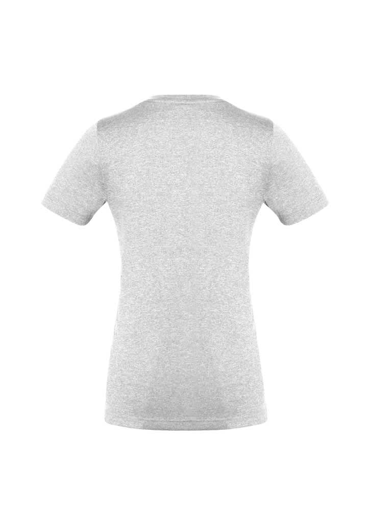A grey women's short sleeve tee with a fitted silhouette, featuring a simple design and a logo.