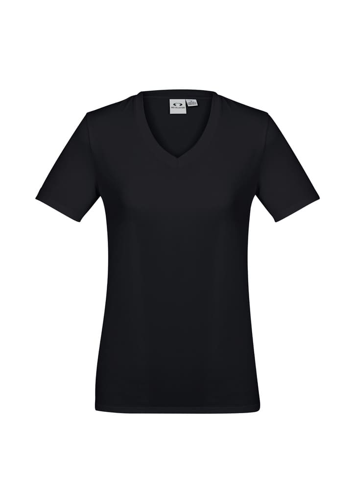 A black women's short sleeve tee with a v-neck design, featuring a logo on the label.