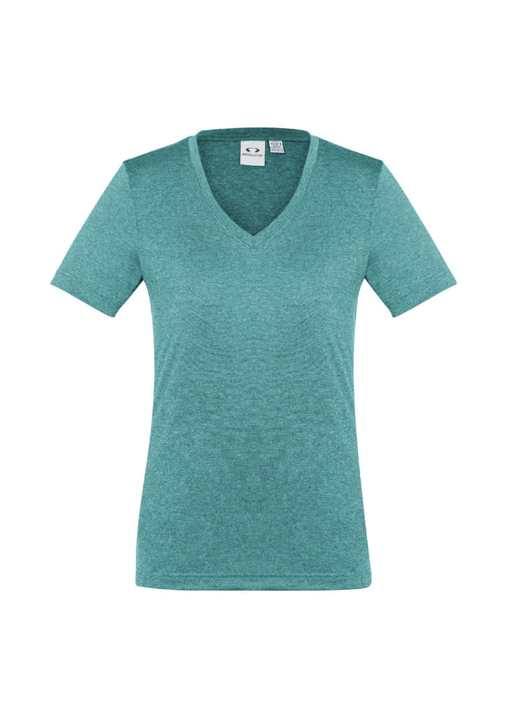 A teal short sleeve tee with a V-neck design and a logo, made from a soft fabric.