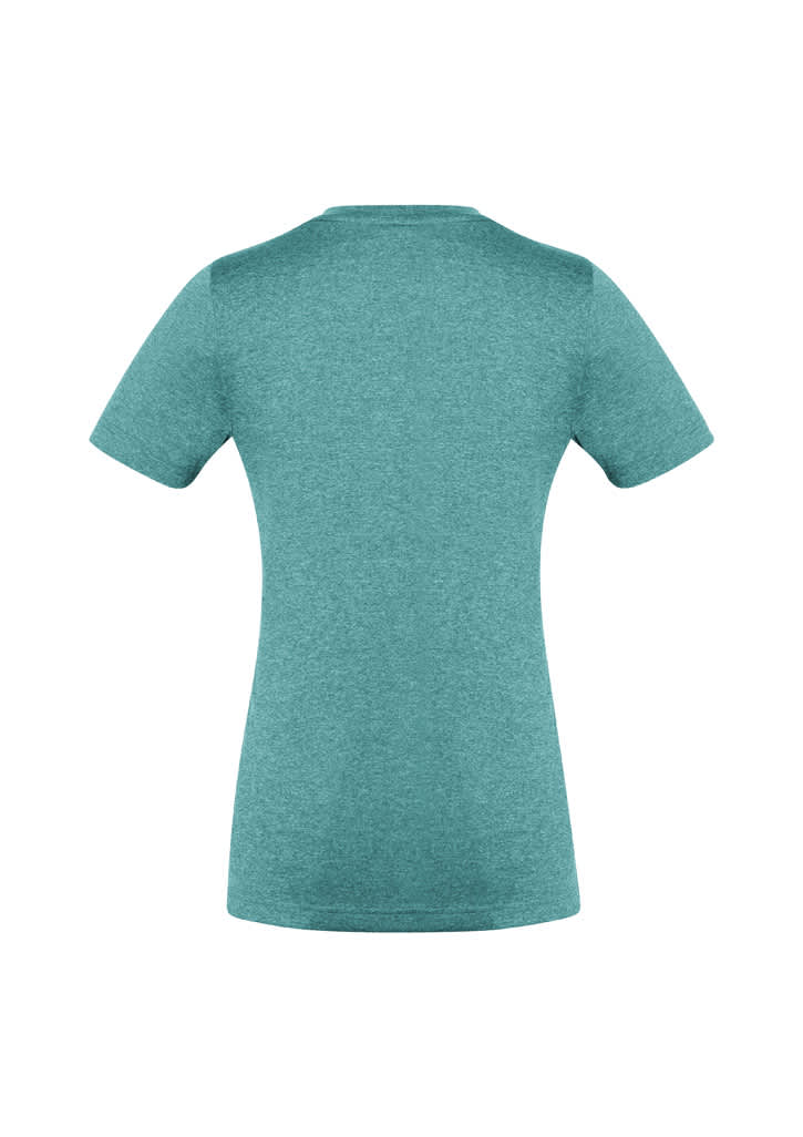 A teal women's short sleeve tee featuring a fitted design and a logo.