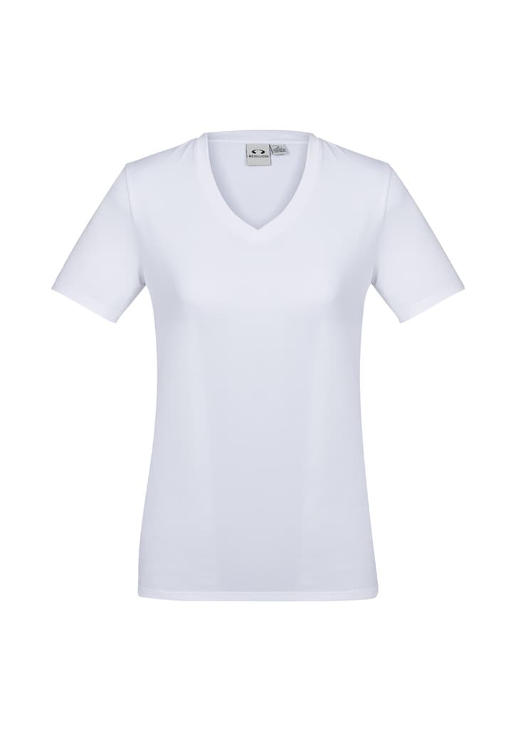 A white women's short sleeve tee with a V-neck design and a logo on the label.