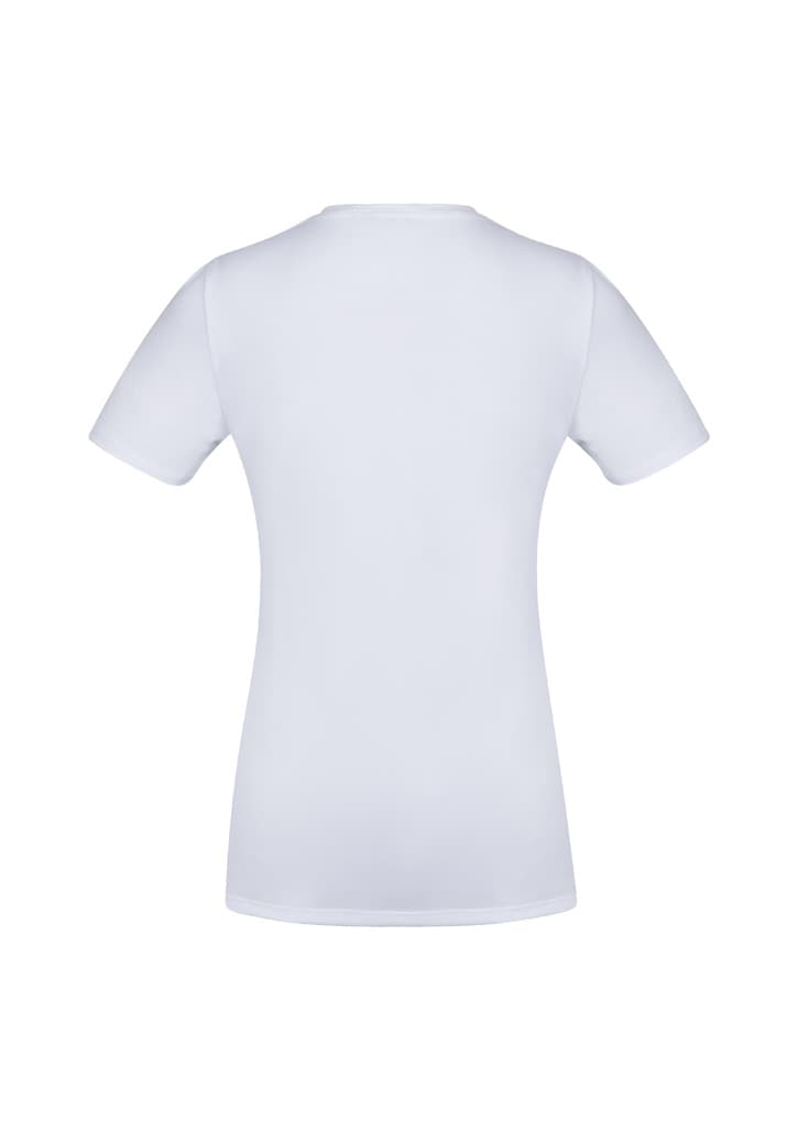 A white women's short sleeve tee with a fitted design and a logo on the back.