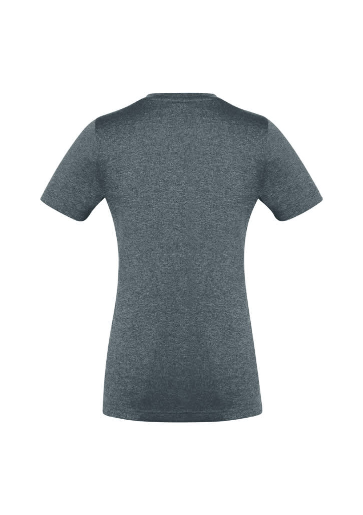 A women's short sleeve tee in dark grey, featuring a fitted style and a logo on the back.
