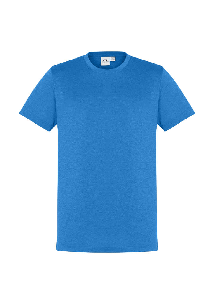 A blue short sleeve tee with a round neck and a logo, made from lightweight fabric.