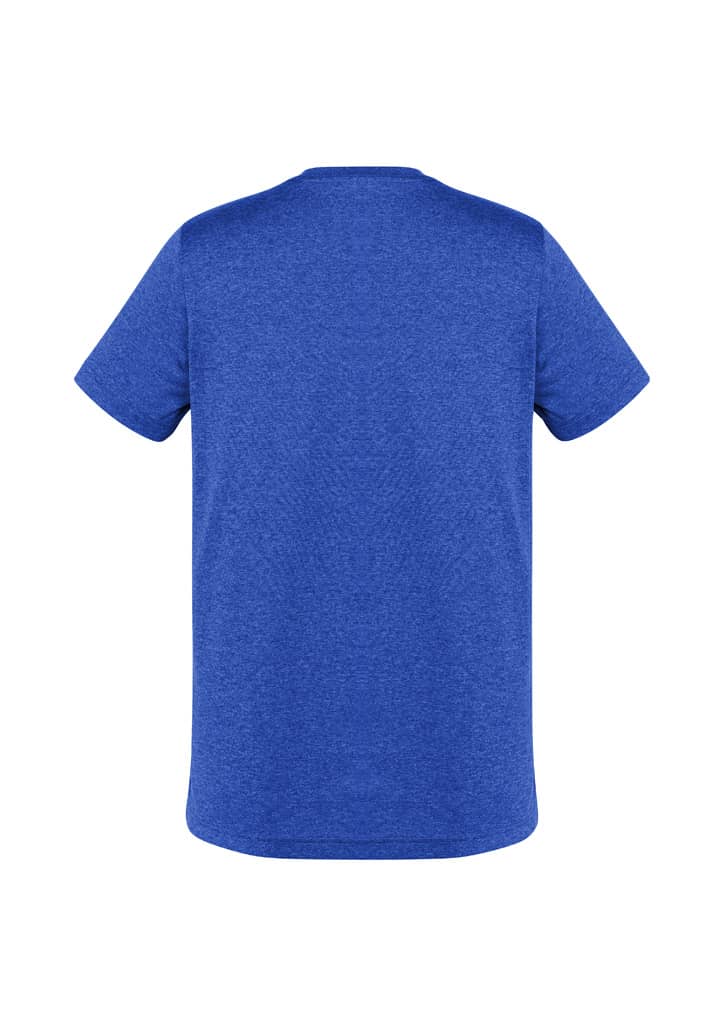 A blue short sleeve T-shirt featuring a plain back design and a logo on the neckline.