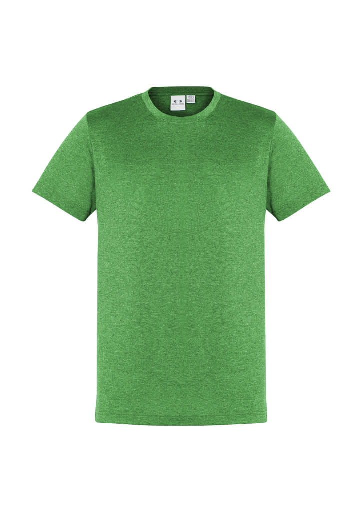 A green short sleeve tee with a round neckline and a branding logo on the label.